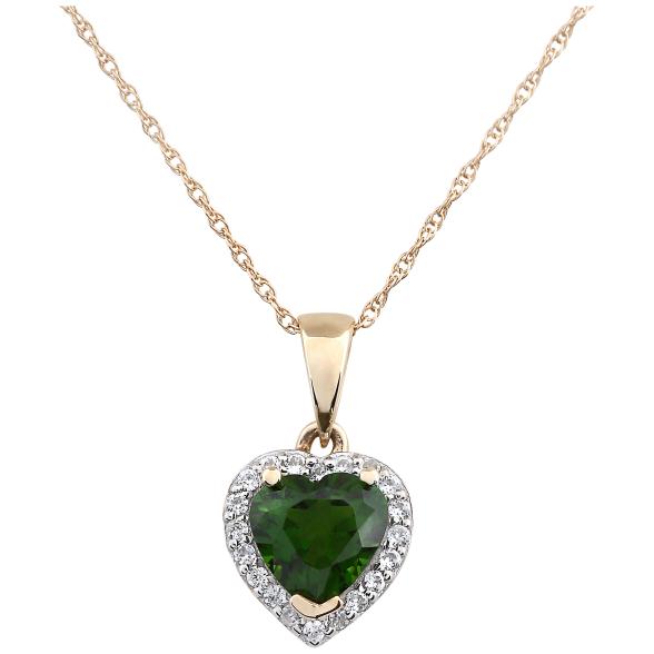 10k Yellow Gold Chrome Diopside Heart and Diamond Pendant Necklace, (1/10 cttw H-I Color, I1-I2 Clarity), 18" - pinctore