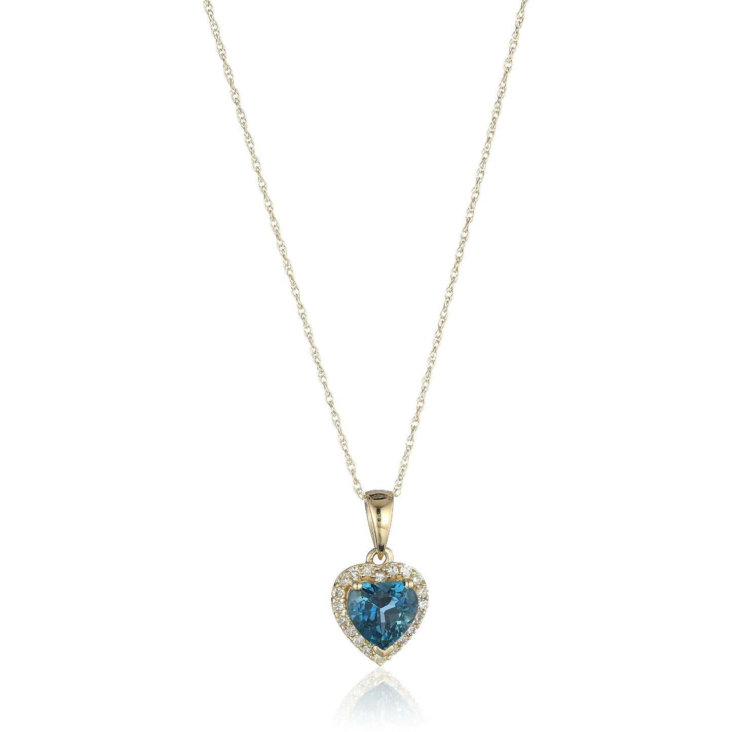 10k Yellow Gold London Blue Topaz Heart and Diamond Pendant Necklace, (1/10 cttw H-I Color, I1-I2 Clarity), 18" - pinctore