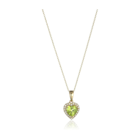 10k Yellow Gold Peridot Heart and Diamond Pendant Necklace, (1/10 cttw H-I Color, I1-I2 Clarity), 18" - pinctore