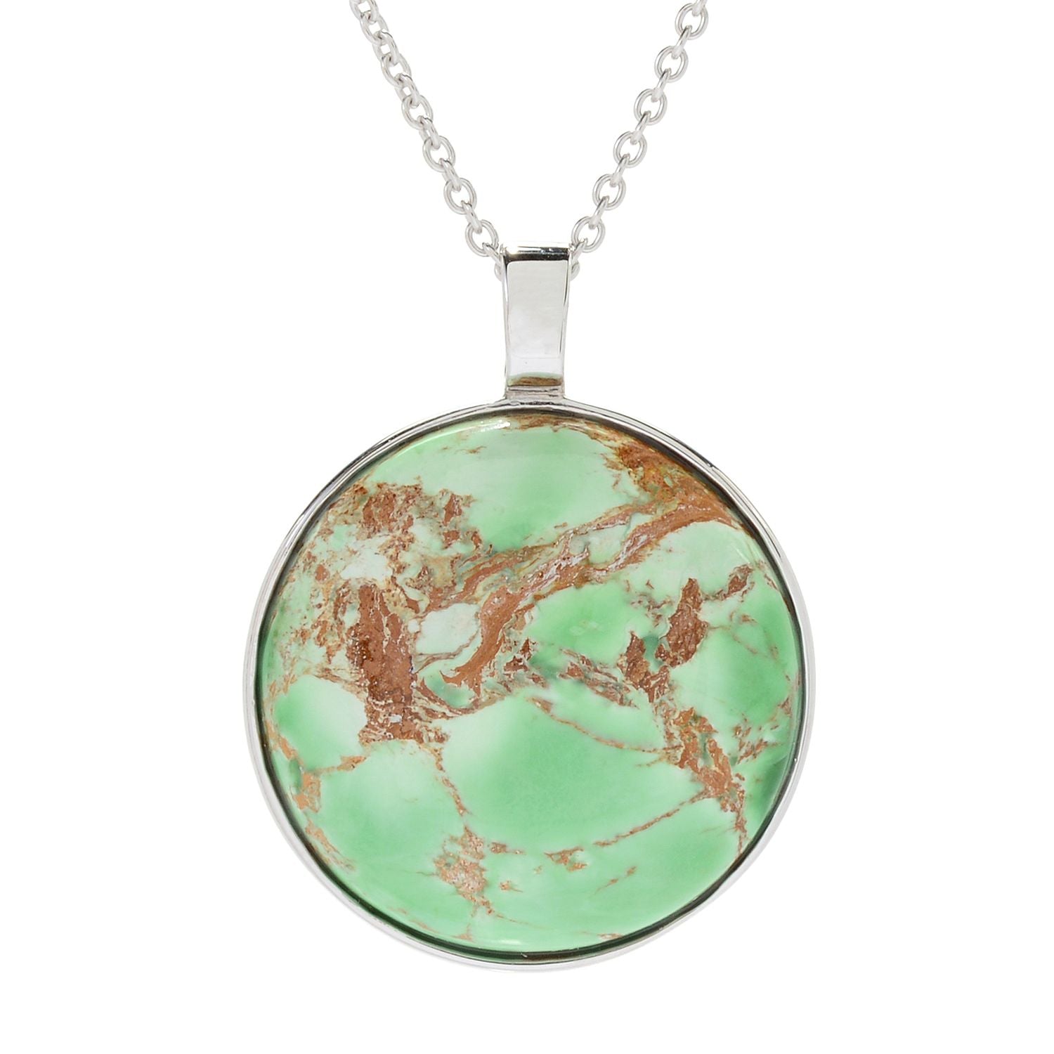 Pinctore Sterling Silver 24mm Round Variscite Pendant w/ 18" Cable Chain - pinctore
