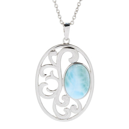 Pinctore Sterling Silver 18 x 13mm larimar Oval Openwork Enhancer Pendant w/ 30" Chain - pinctore