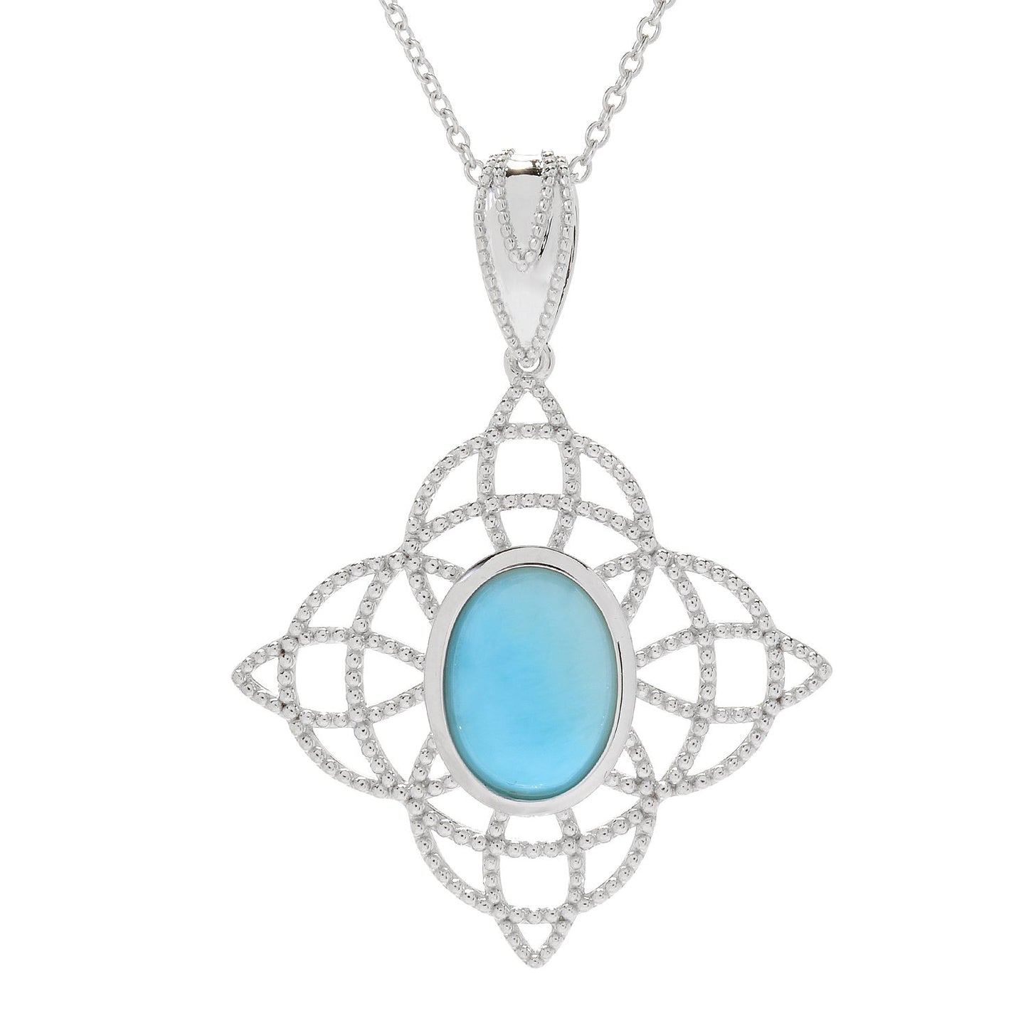 Pinctore Sterling Silver 14 x 10mm Oval Larimar Beaded Pendant w/Chain - pinctore