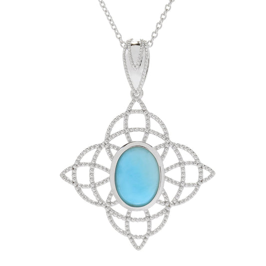 Pinctore Sterling Silver 14 x 10mm Oval Larimar Beaded Pendant w/Chain - pinctore