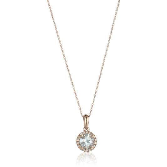 10k Rose Gold Aquamarine and Diamond Classic Princess Di Halo Pendant Necklace, 18" - Pinctore