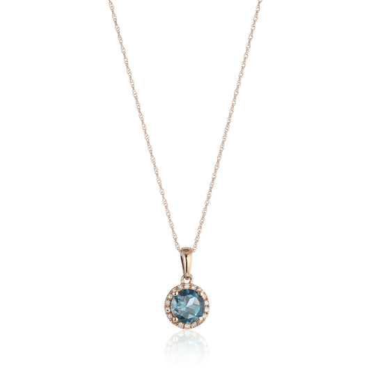 10k Rose Gold London Blue Topaz and Diamond Classic Di Pendant Necklace, 18" - Pinctore