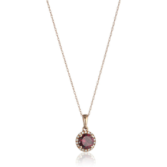 10k Rose Gold Rhodolite and Diamond Classic Princess Di Halo Pendant Necklace, 18" - Pinctore