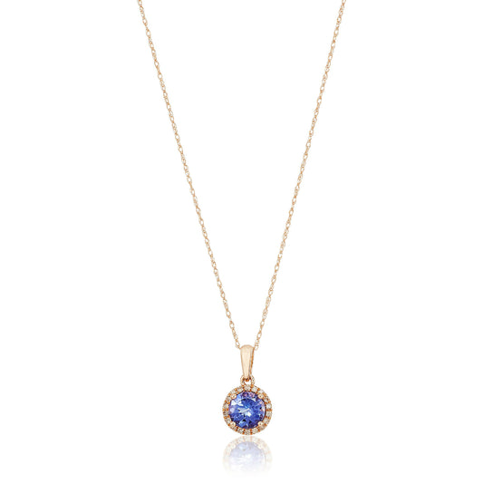 10k Rose Gold Tanzanite and Diamond Classic Princess Di Halo Pendant Necklace (1/10cttw, H-I Color, I1-I2 Clarity), 18" - Pinctore