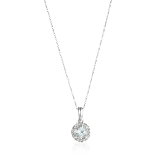 10k White Gold Aquamarine and Diamond Classic Princess Di Pendant Necklace, 18" - Pinctore