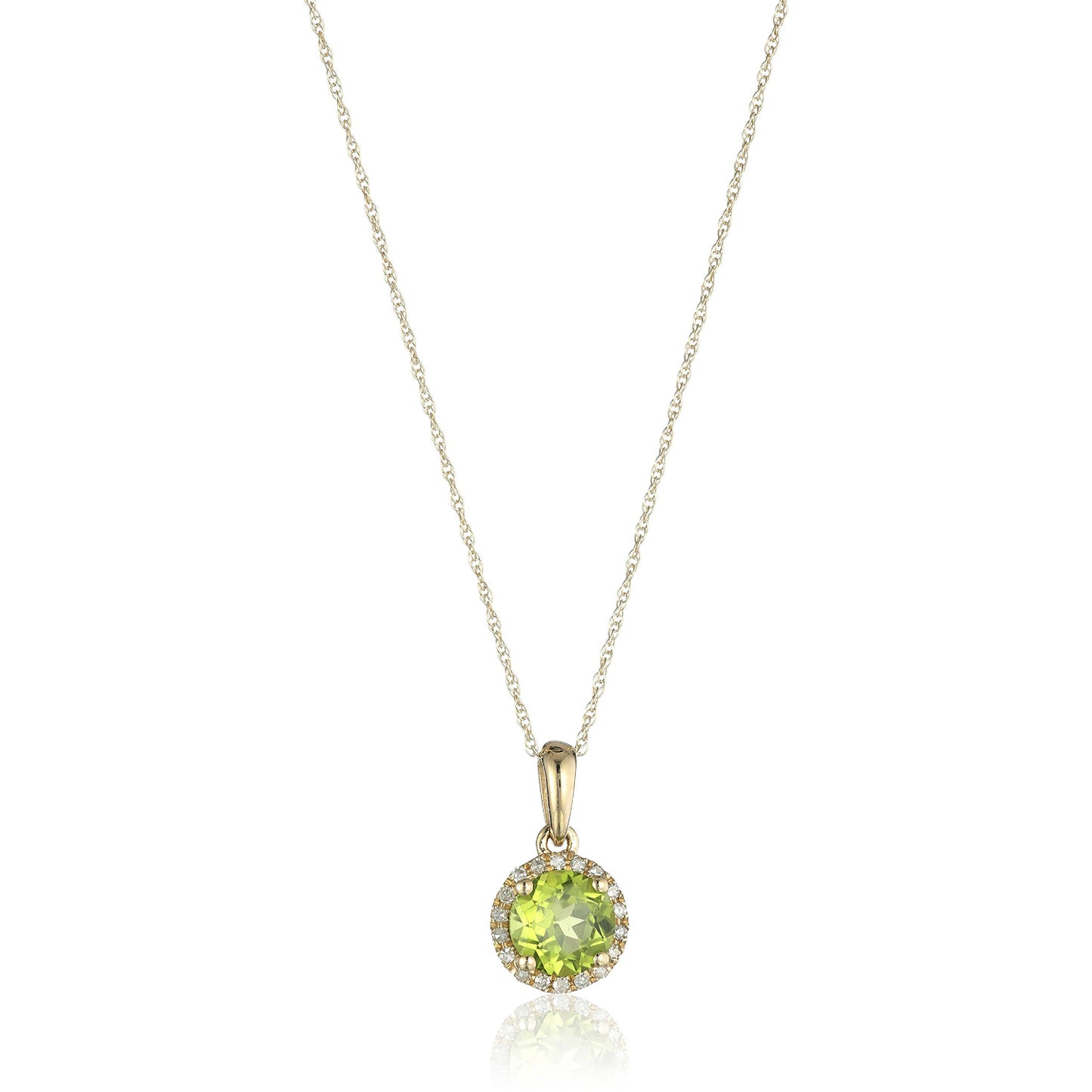 10k Yellow Gold Peridot and Diamond Classic Princess Di Halo Pendant Necklace, 18" - Pinctore