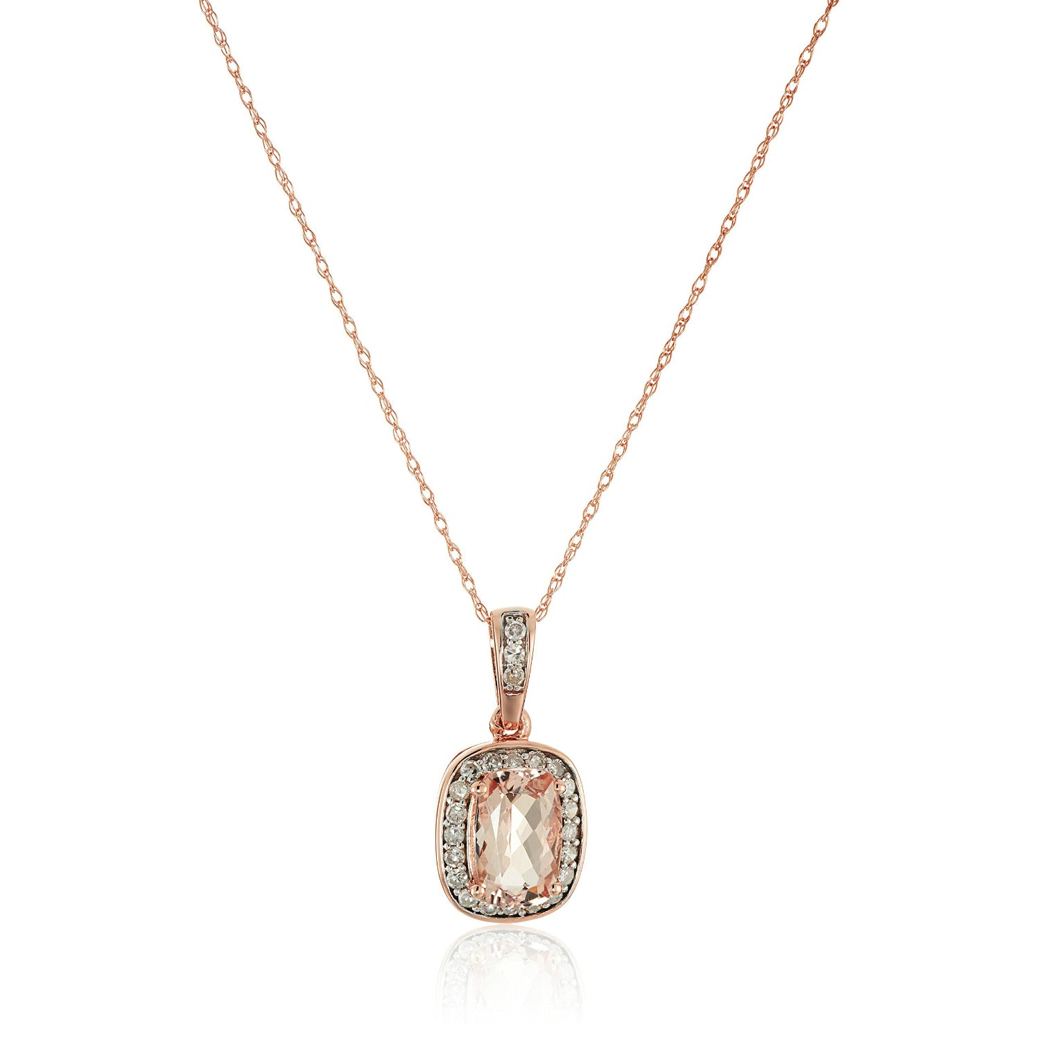 10k Rose Gold Morganite Cushion and Diamond Halo Pendant Necklace, 18" - Pinctore