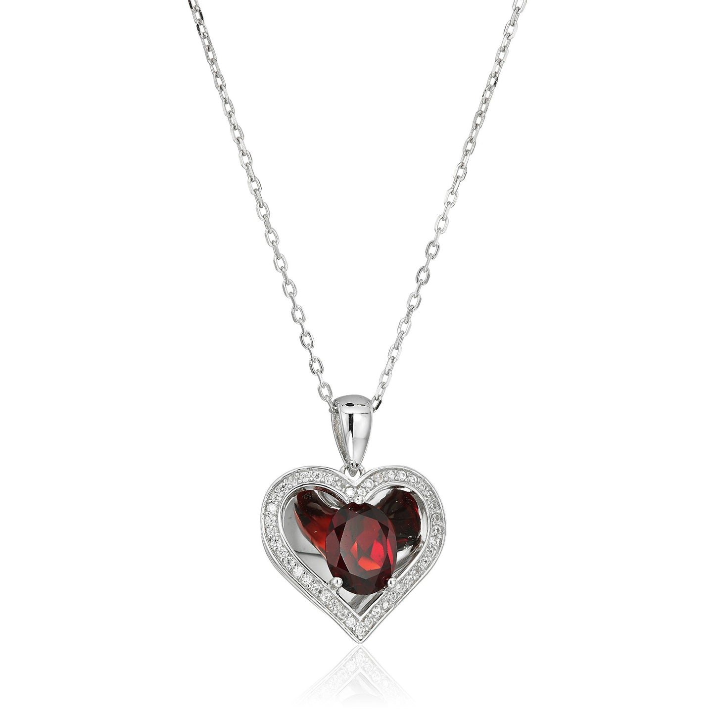 Sterling Silver Red Garnet Reflection Heart Pendant Necklace, 18" - pinctore