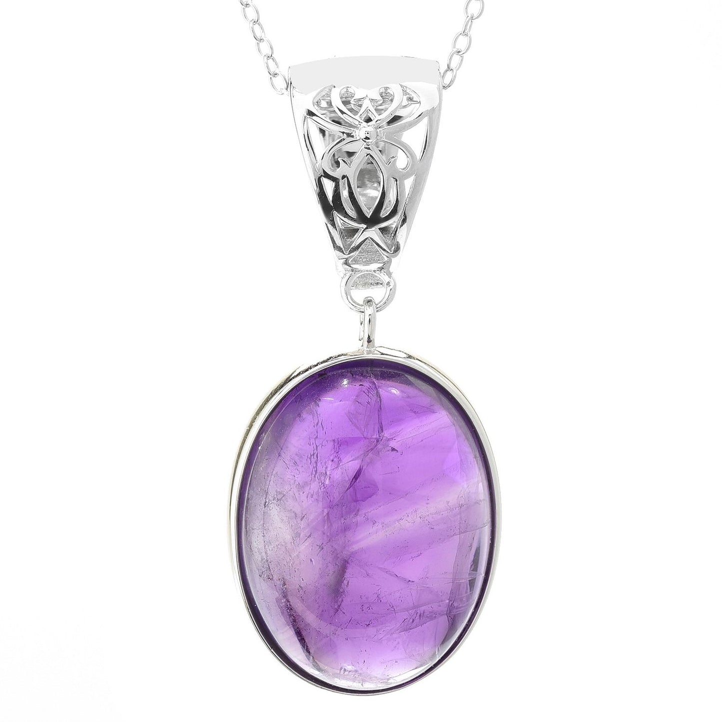 Sterling Silver 20 x 15mm Oval African Amethyst Enhancer Pendant w/ 18" Chain - Pinctore