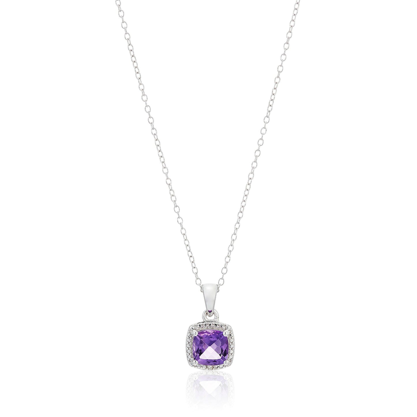Sterling Silver Cushion Amethyst and Diamond Accented Halo Pendant Necklace, 18" - pinctore