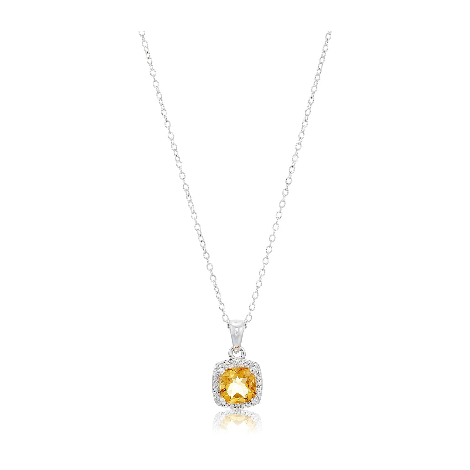 Sterling Silver Cushion Citrine and Diamond Accented Halo Pendant Necklace, 18" - pinctore