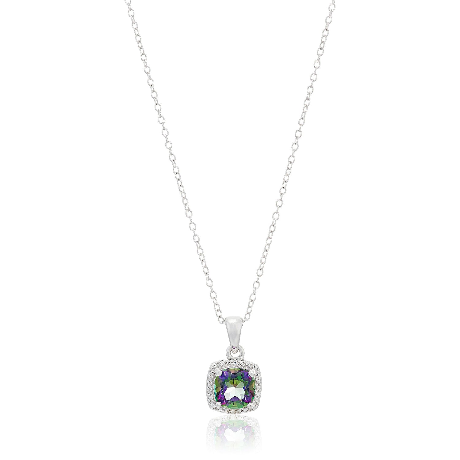 Sterling Silver Cushion Mystic Topaz and Diamond Accented Halo Pendant Necklace, 18" - pinctore