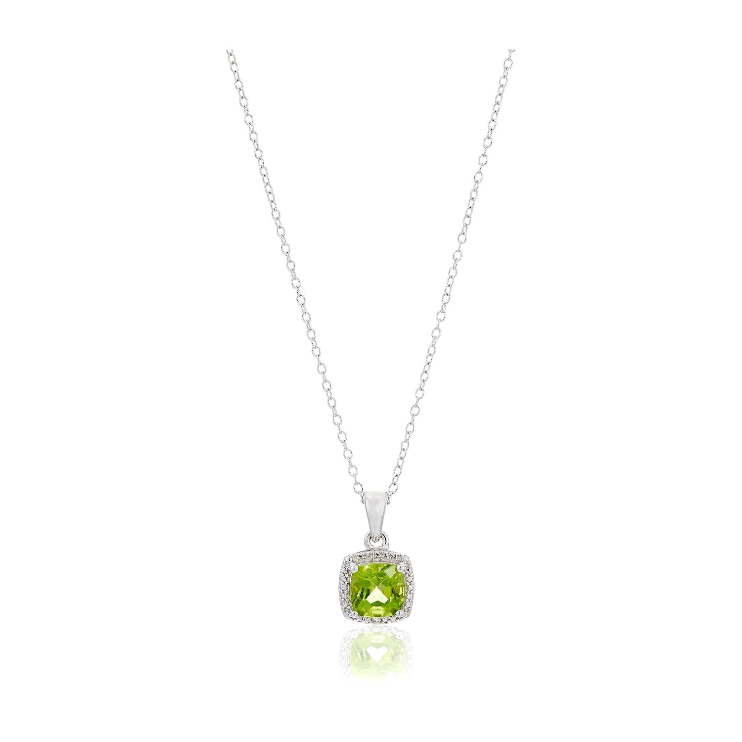 Sterling Silver Cushion Peridot and Diamond Accented Halo Pendant Necklace, 18" - pinctore