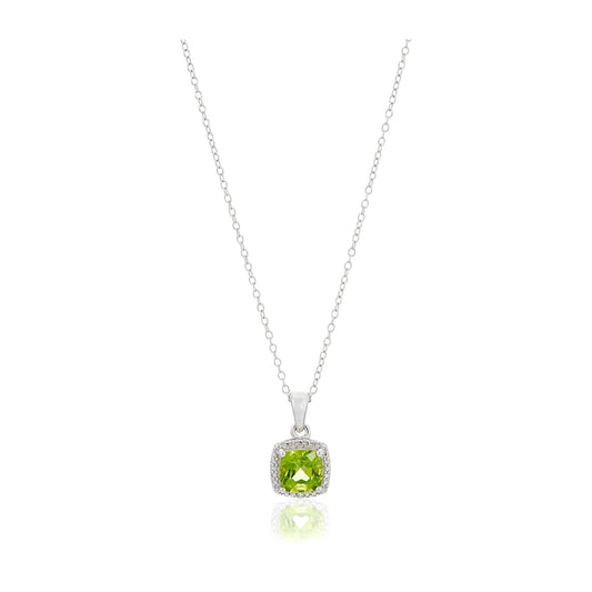 Sterling Silver Cushion Peridot and Diamond Accented Halo Pendant Necklace, 18" - pinctore