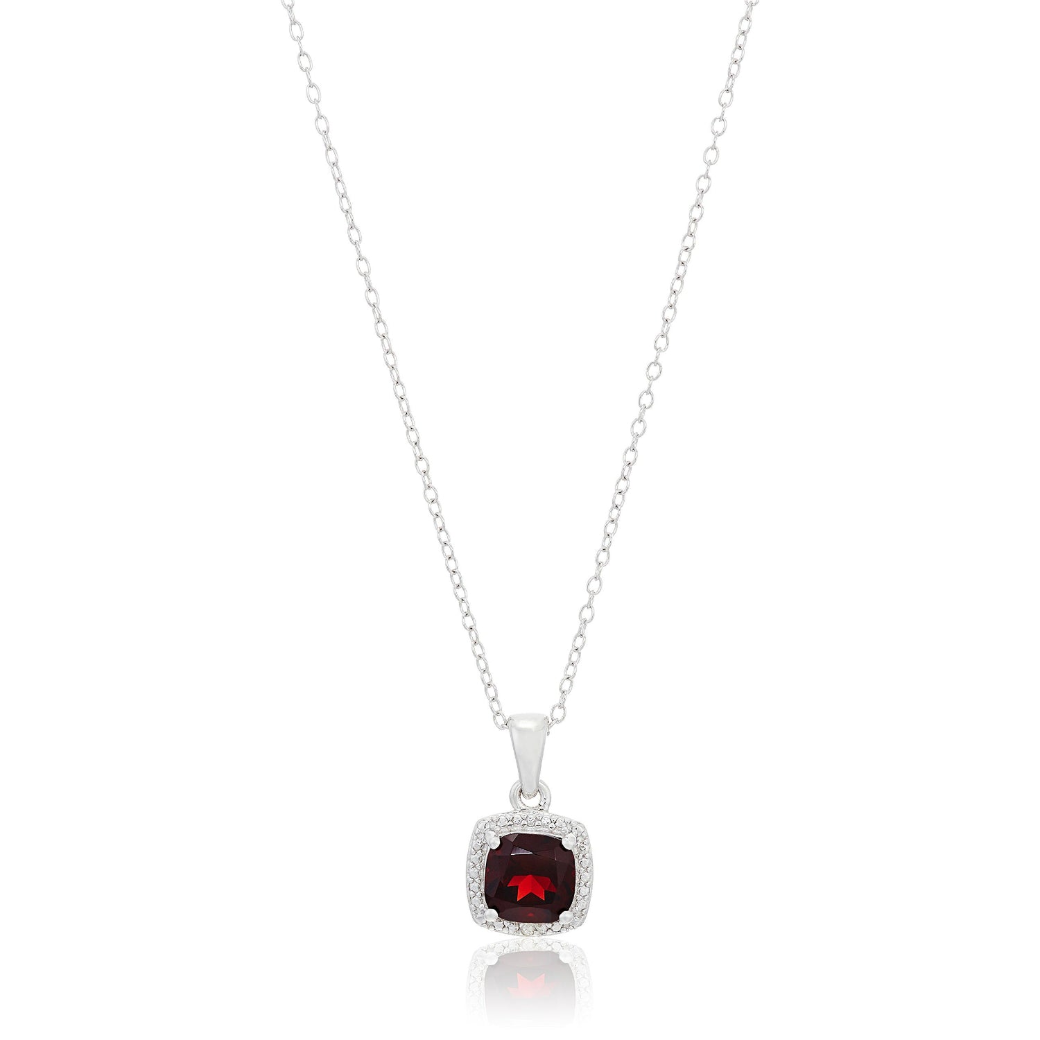 Sterling Silver Cushion Garnet and Diamond Accented Halo Pendant Necklace, 18" - pinctore