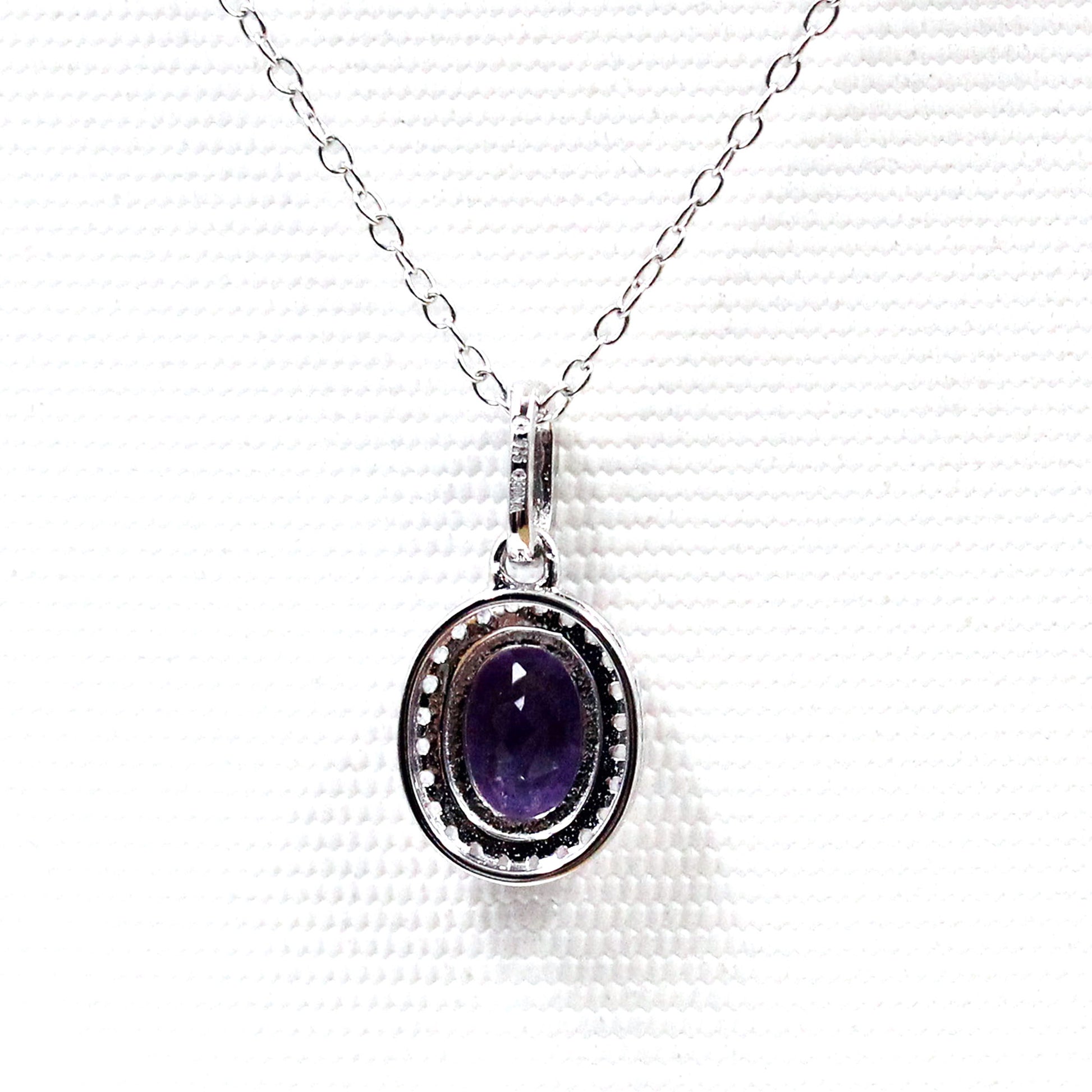Sterling Silver Oval Amethyst and White Topaz Pendant Necklace, 18" - Pinctore