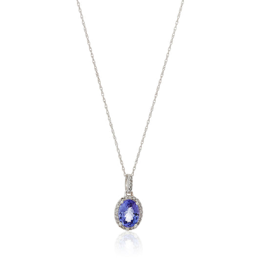 14k White Gold Oval Tanzanite and Diamond Halo Pendant Necklace, 18" - Pinctore