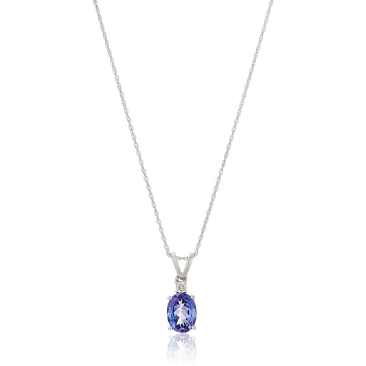 14k White Gold Oval Tanzanite and Diamond Accented Pendant Necklace, 18" - Pinctore