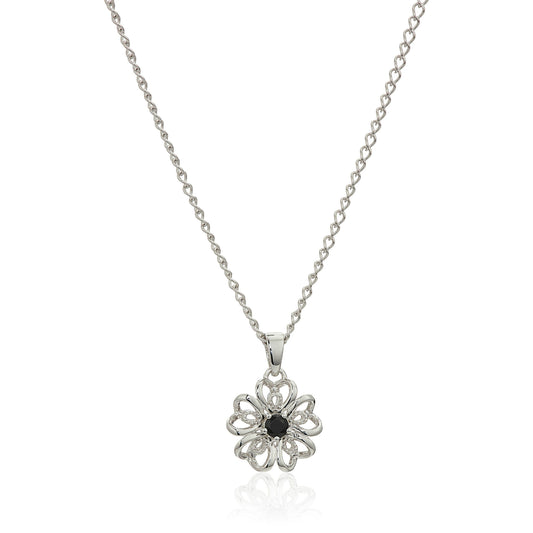Sterling Silver Black Spinel Flower Pendant Necklace, 18" - Pinctore