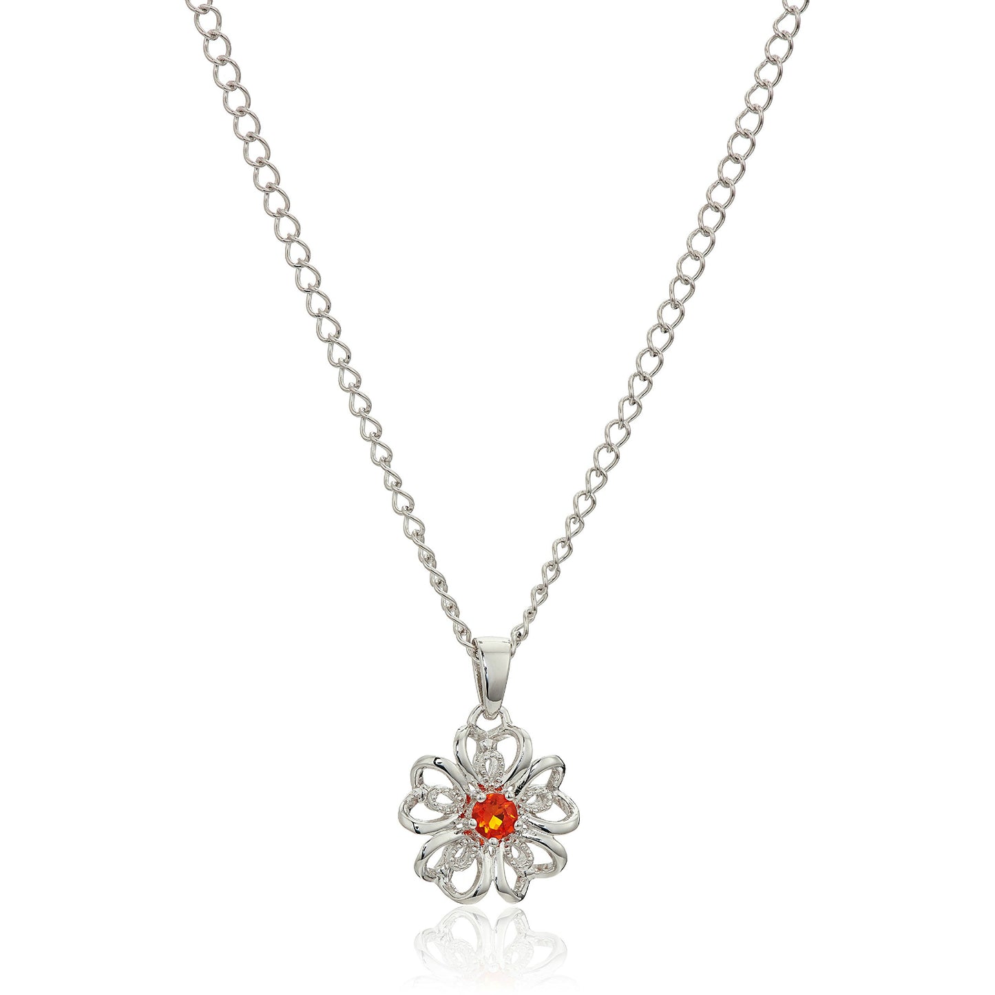 Sterling Silver Fire Opal Black Flower Pendant Necklace, 18" - Orange - Pinctore