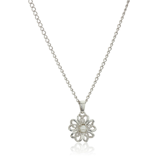 Sterling Silver Fresh Water Pearl Flower Pendant Necklace, 18" - White - Pinctore