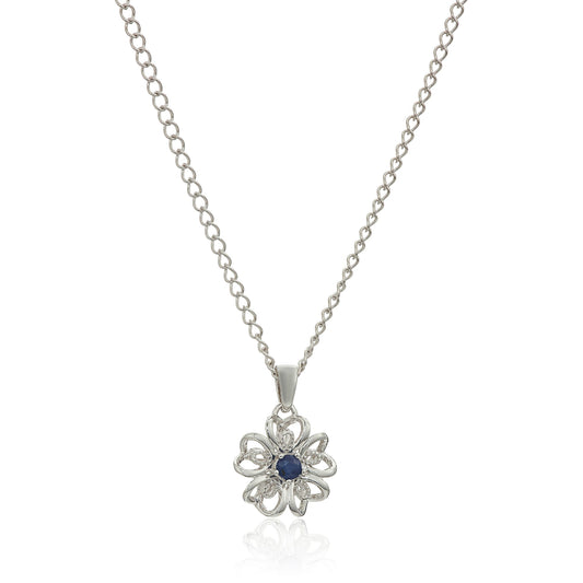 Sterling Silver Blue Sapphire Black Flower Pendant Necklace, 18" - Pinctore