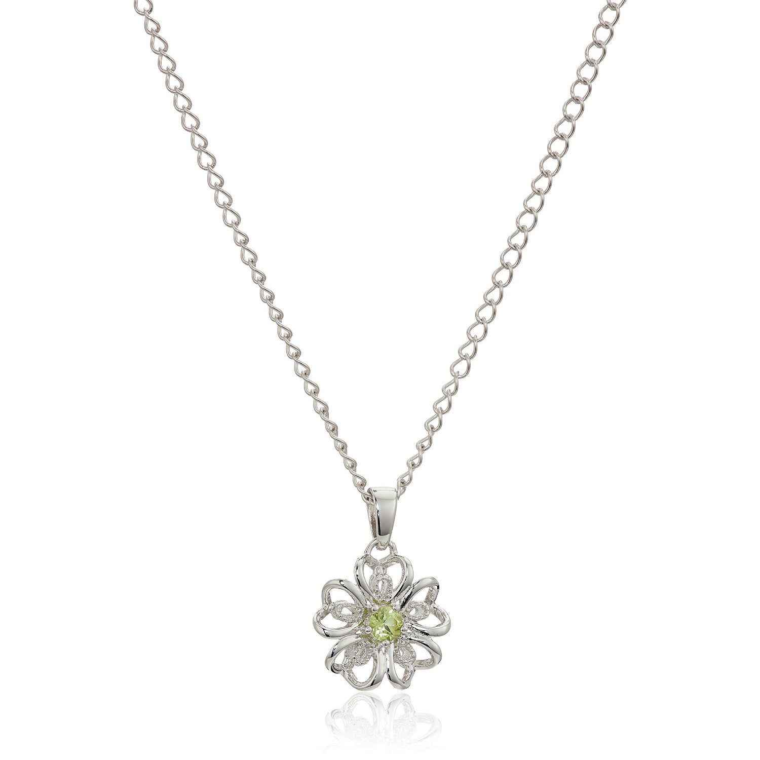 Sterling Silver Peridot Flower Pendant Necklace, 18" - Green - Pinctore