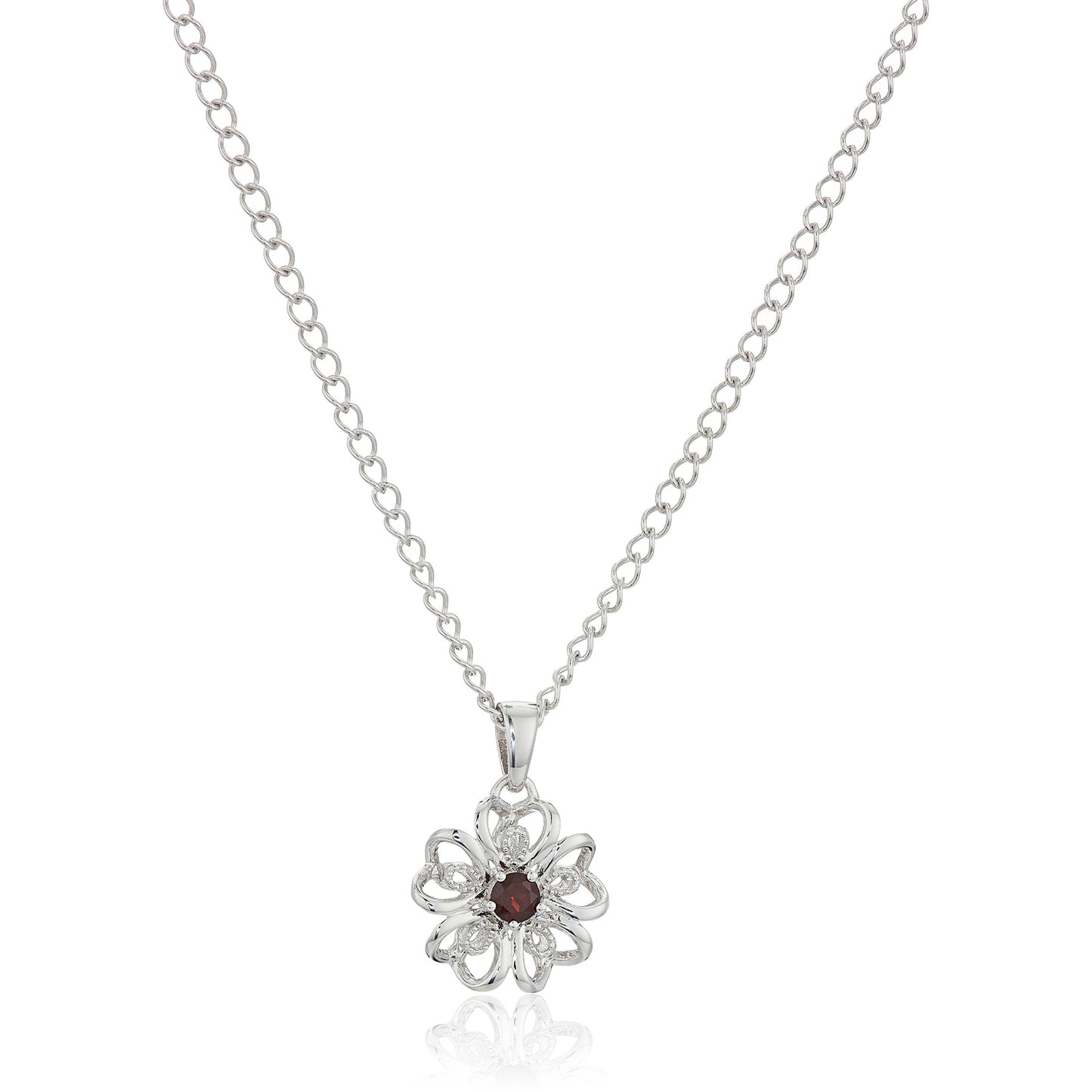 Sterling Silver Red Garnet Black Flower Pendant Necklace, 18" - Pinctore