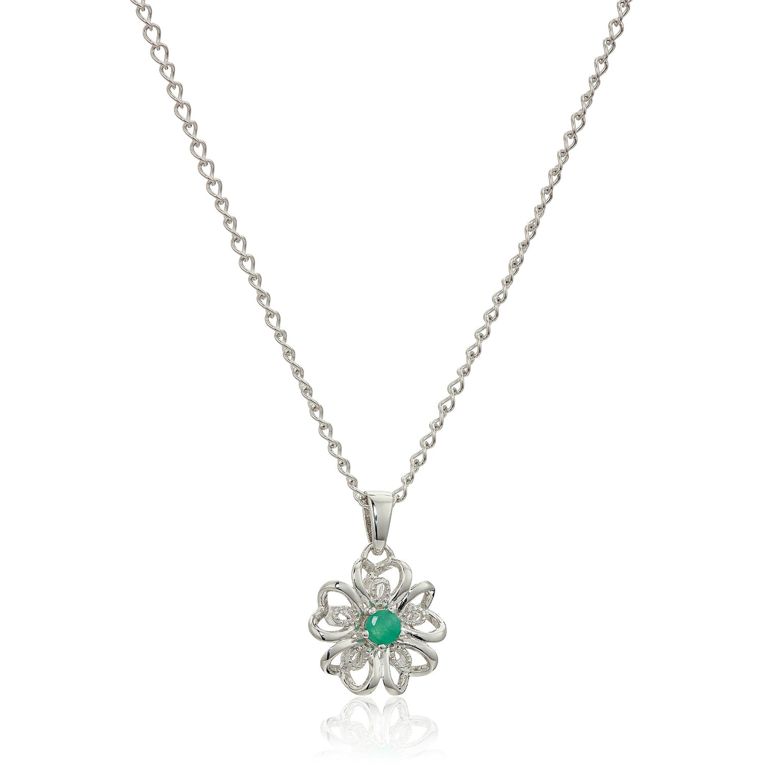 Sterling Silver Genuine Emerald Flower Pendant Necklace - Green - Pinctore