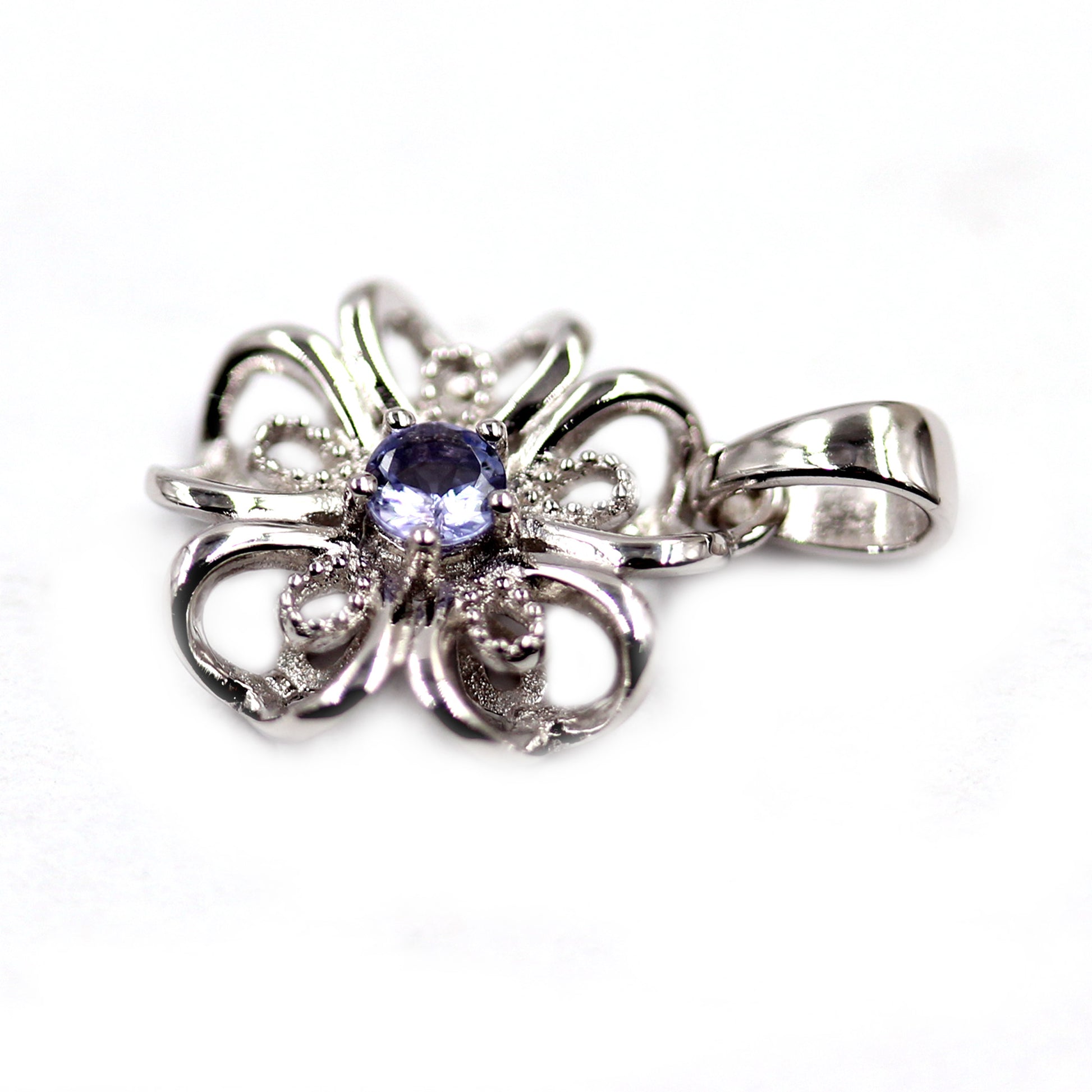 Sterling Silver Tanzanite Black Flower Pendant Necklace, 18" - Pinctore