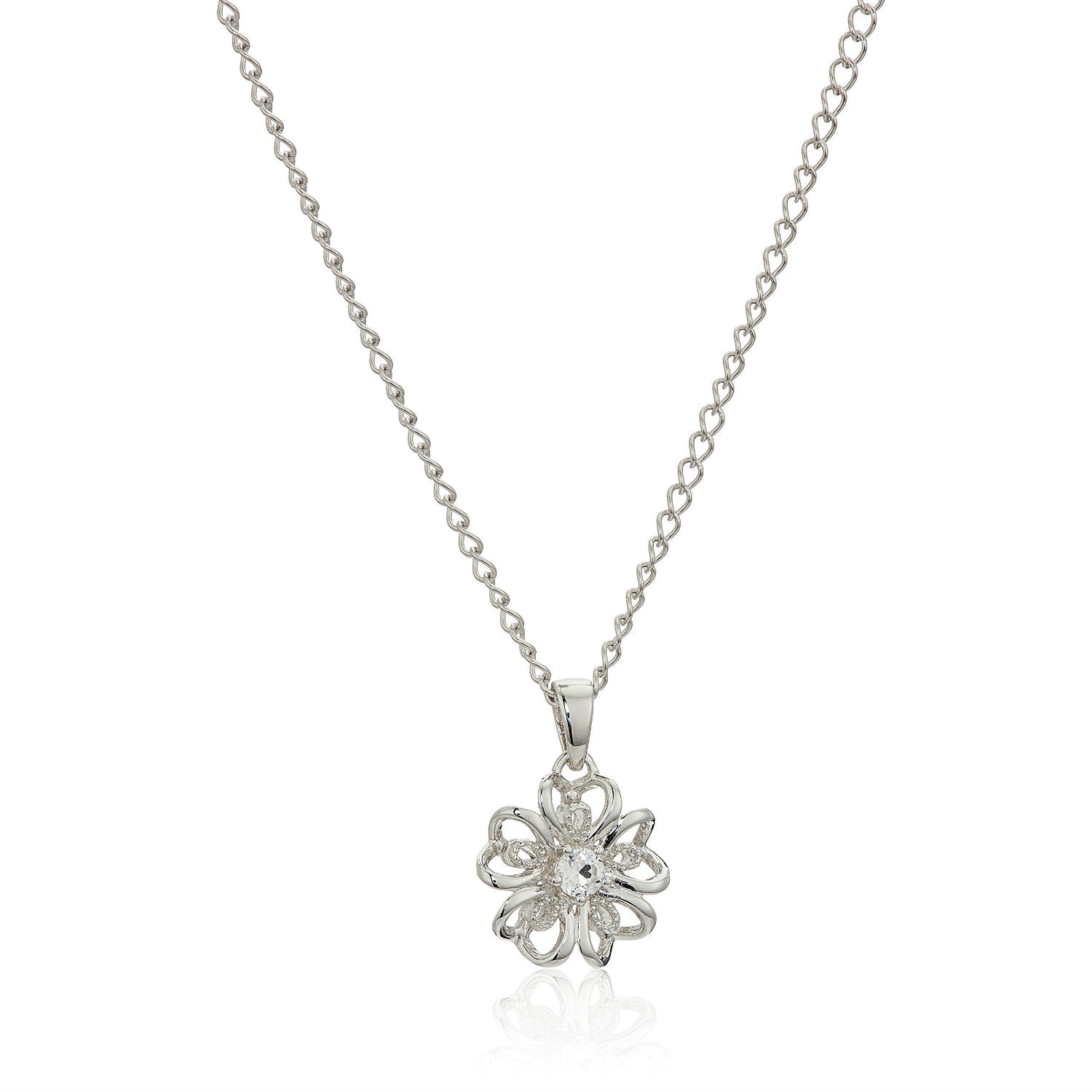 Sterling Silver White Topaz Flower Pendant Necklace, 18" - Pinctore