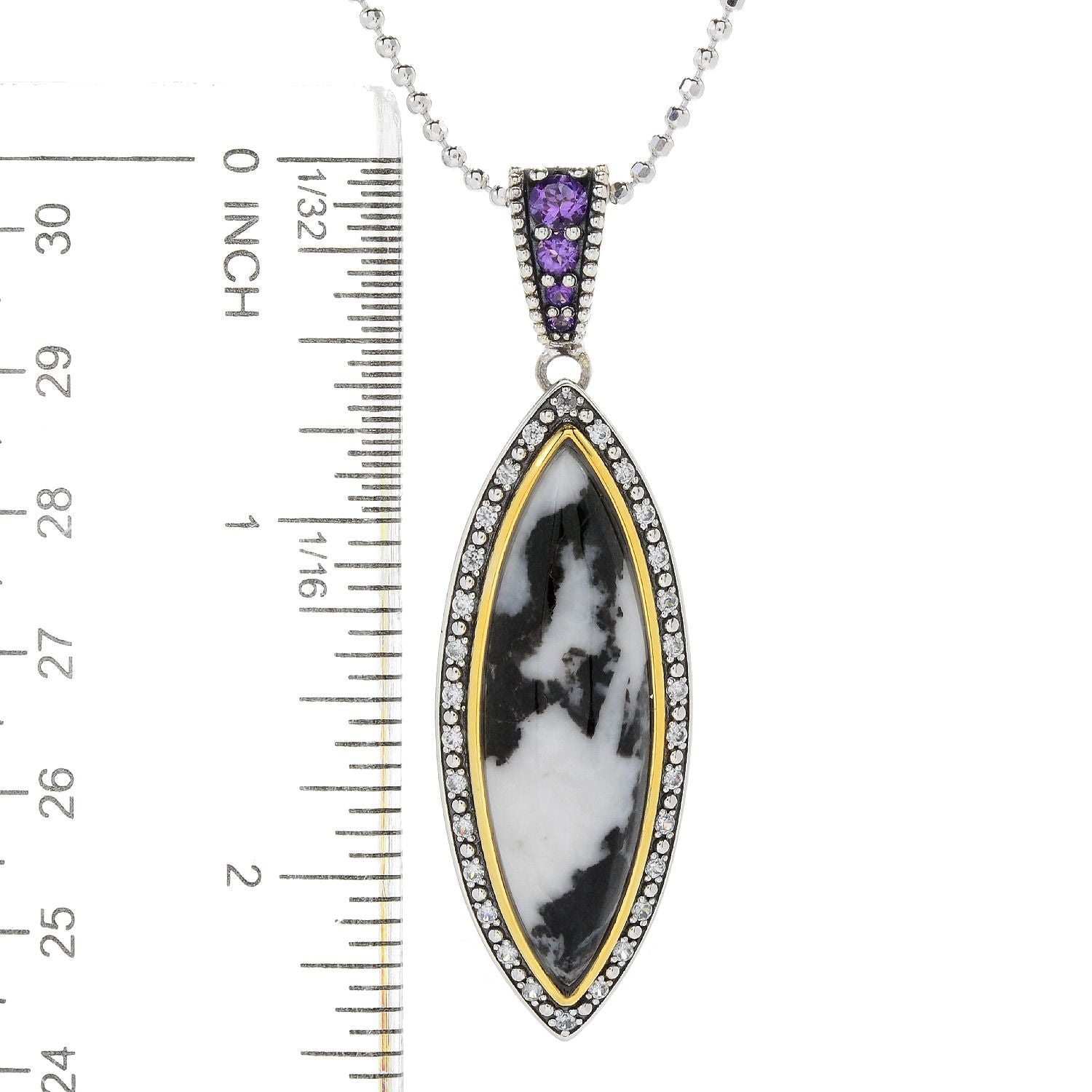 925 Sterling Silver White Buffalo, African Amethyst, White Natural Zircon Pendant - Pinctore