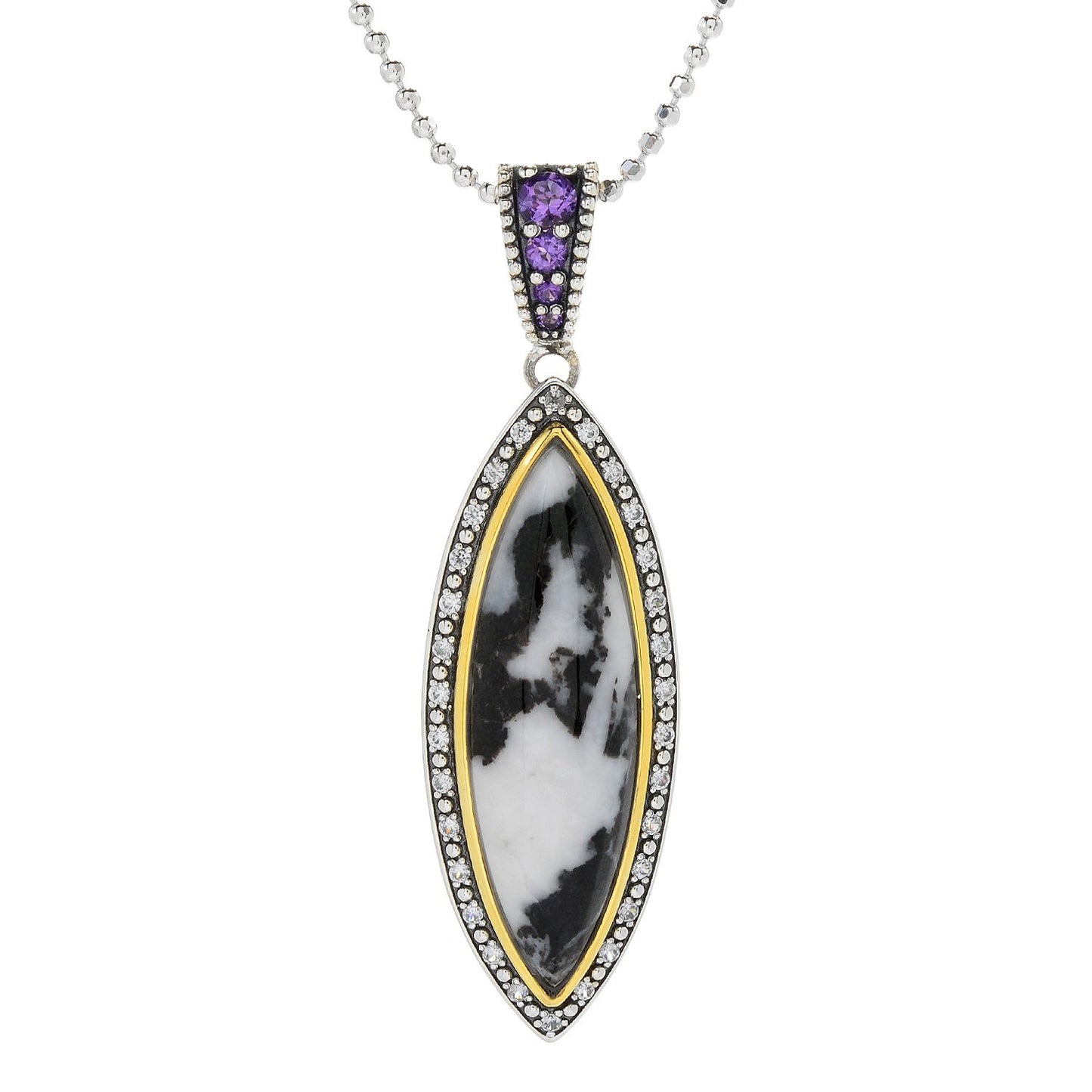 925 Sterling Silver White Buffalo, African Amethyst, White Natural Zircon Pendant - Pinctore