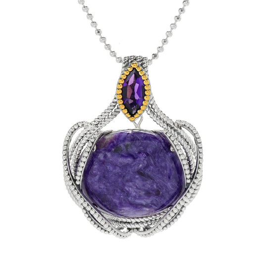925 Sterling Silver African Amethyst, Charoite Pendant - Pinctore