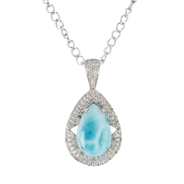 925 Sterling Silver Larimar, White Natural Zircon Pendant - Pinctore