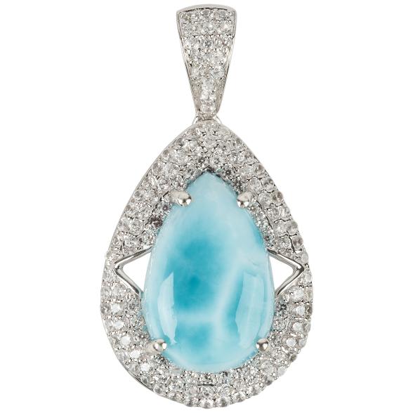 925 Sterling Silver Larimar, White Natural Zircon Pendant - Pinctore