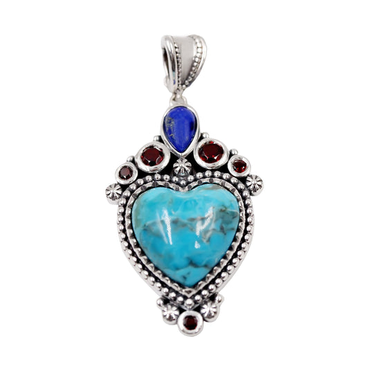 925 Sterling Silver Red Garnet, Blue Mohave Turquoise, Lapis Lazulli Pendant - Pinctore