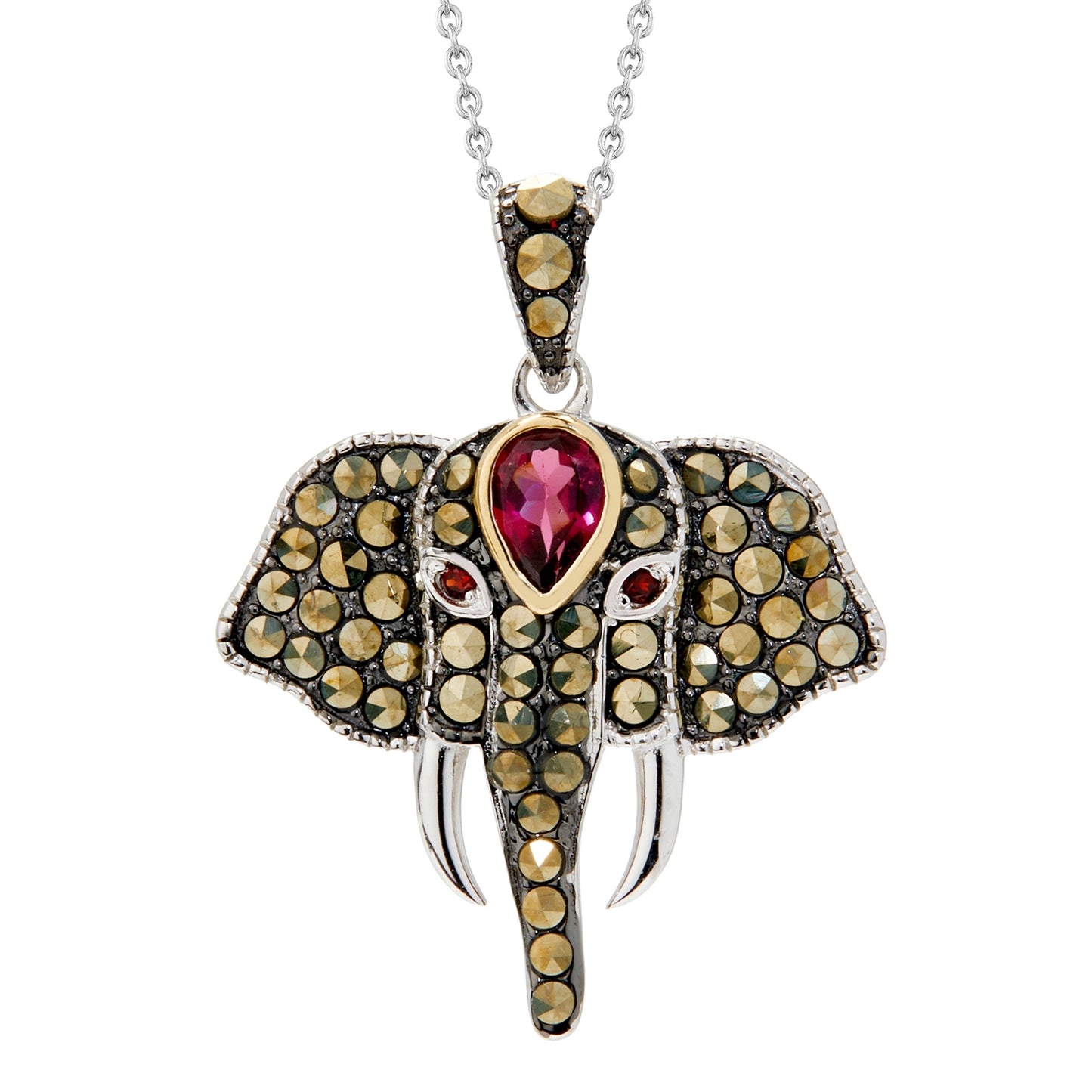 14K Gold & Sterling Silver with Rhodolite, Marcasite Pendant - Pinctore