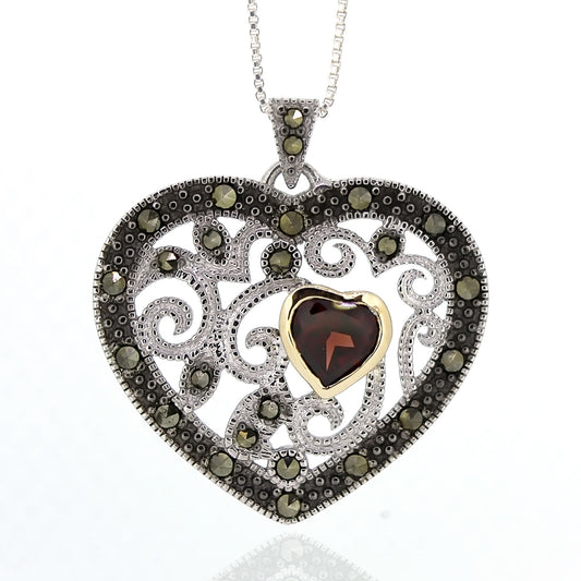 925 Sterling Silver Red Garnet, Marcasite Heart Pendant - Pinctore