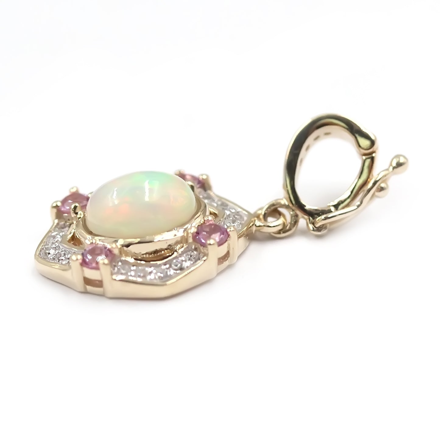 14Kt Yellow Gold Ethiopian Opal, Pink Sapphire, Diamond Pendant - Pinctore