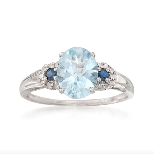 925 Sterling Silver Aquamarine, Blue Sapphire, Diamond Ring - Pinctore