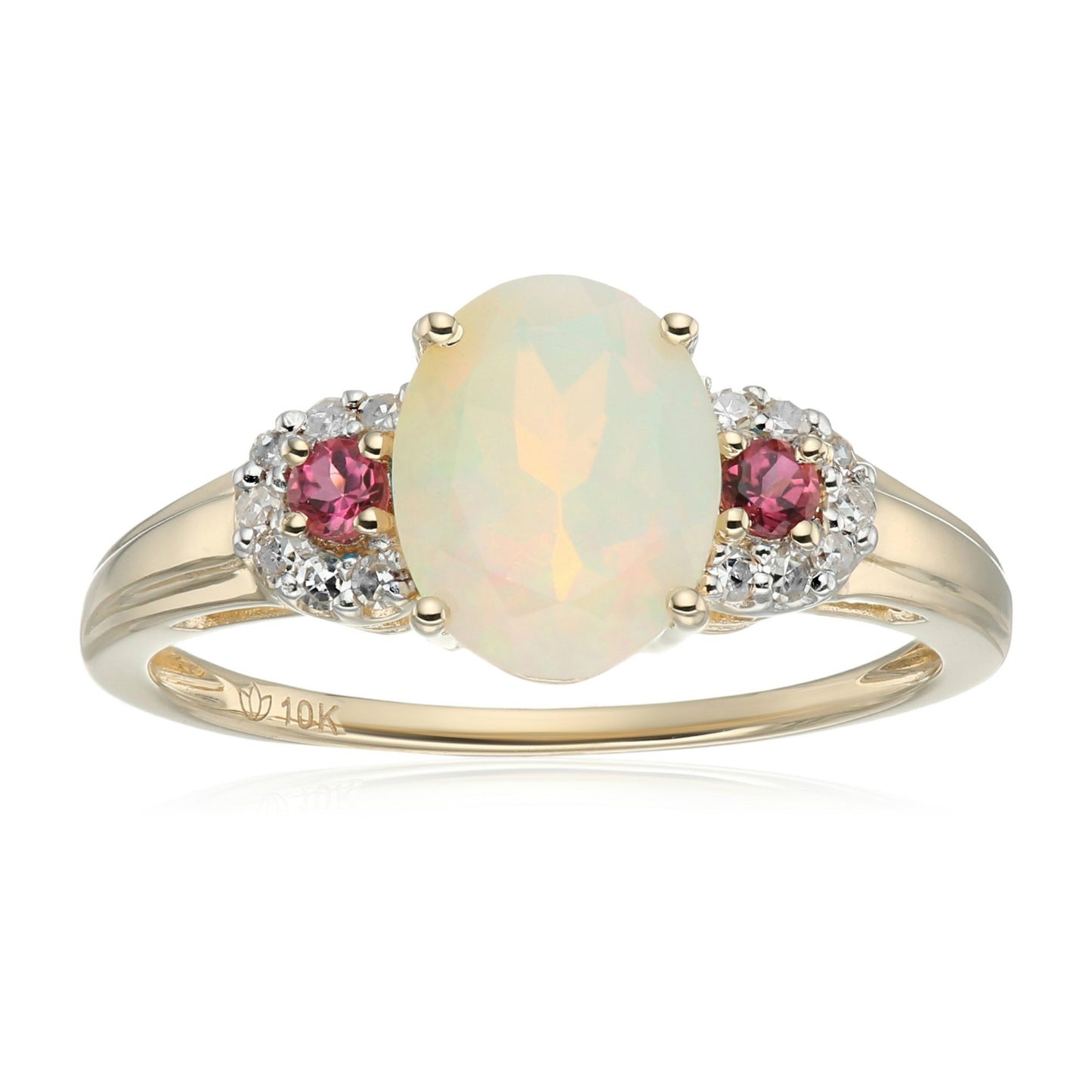 10k Yellow Gold Ethiopian Opal, Pink Tourmaline and Diamond 3-Stone Engagement Ring (1/10cttw, H-I Color, I1-I2 Clarity),