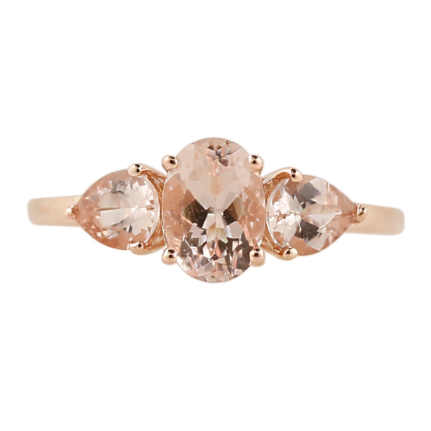 10kt Rose Gold Morganite Oval and Pear 3-Stone Engagement Ring - Pinctore