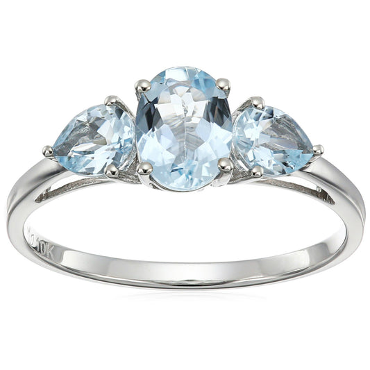 Pinctore 10k White Gold Aquamarine Oval and Pear 3-Stone Ring - pinctore