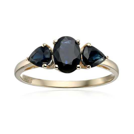 Pinctore 10k Yellow Gold Blue Sapphire Oval and Pear 3-Stone Ring - pinctore