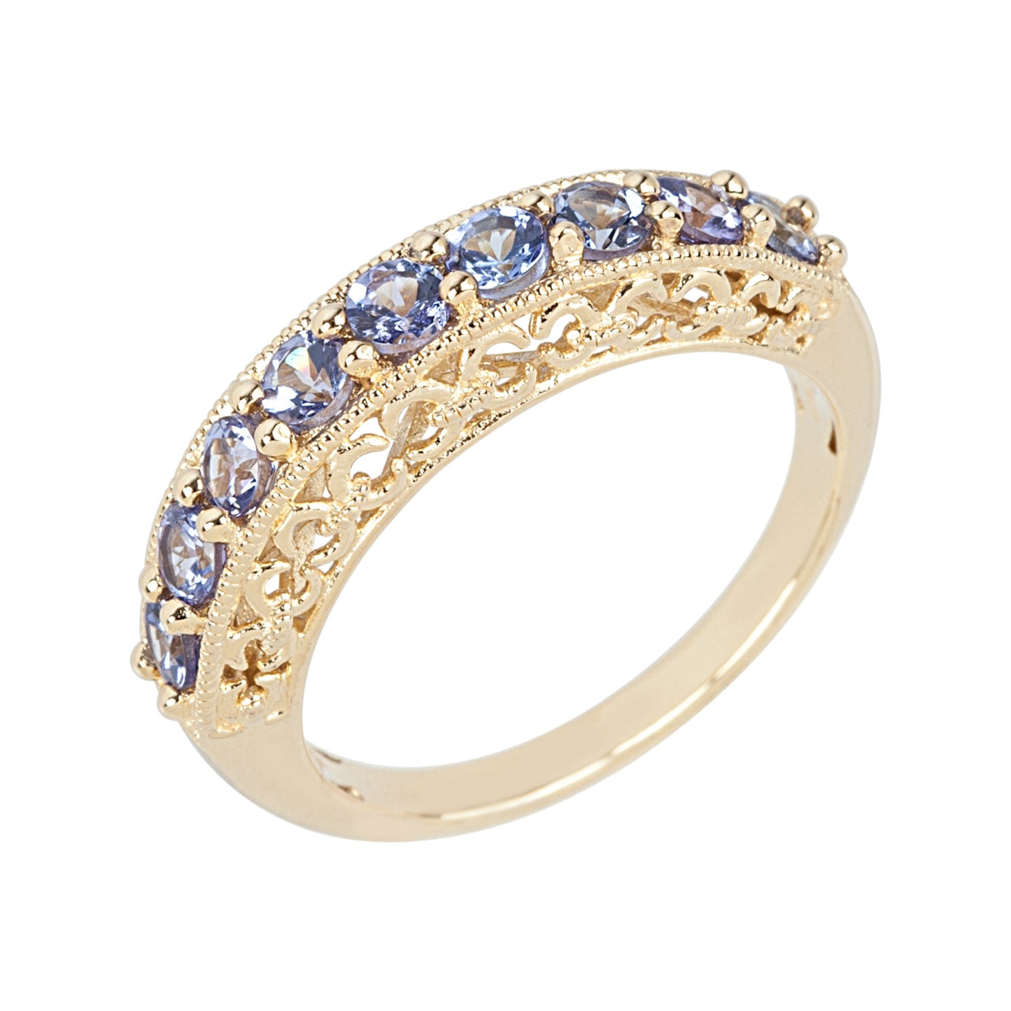 Yellow Gold-plated Silver Tanzanite 9-stone Stackable Ring - pinctore
