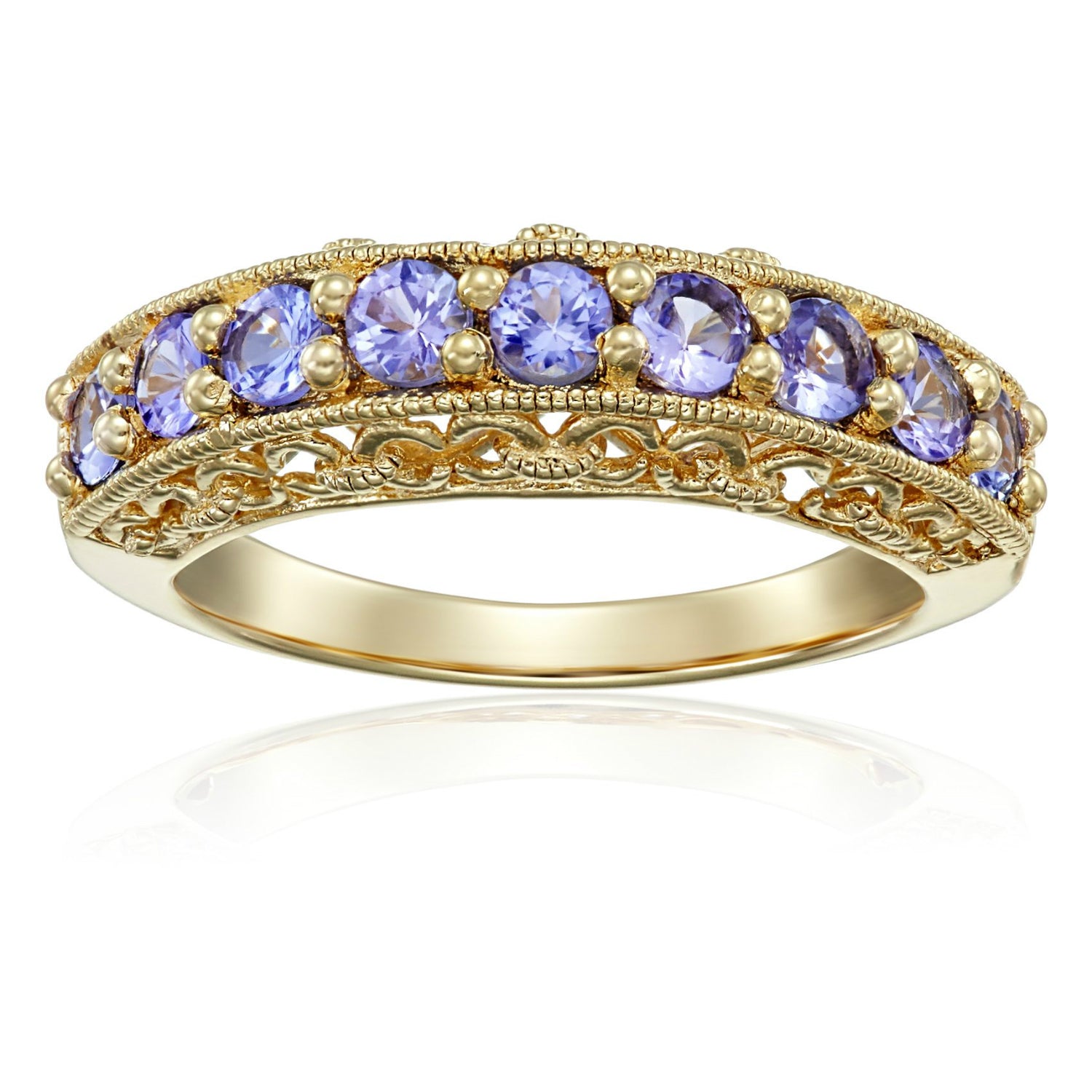 Yellow Gold-plated Silver Tanzanite 9-stone Stackable Ring - pinctore
